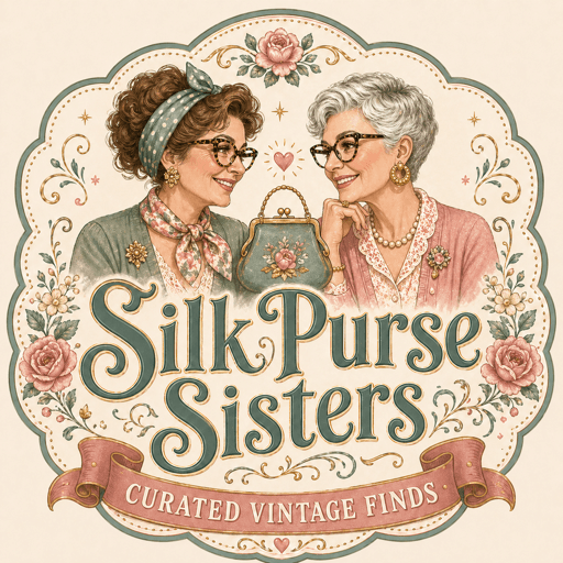 Silk Purse Sisters — Dawn and Rene framed inside a vintage label cartouche.